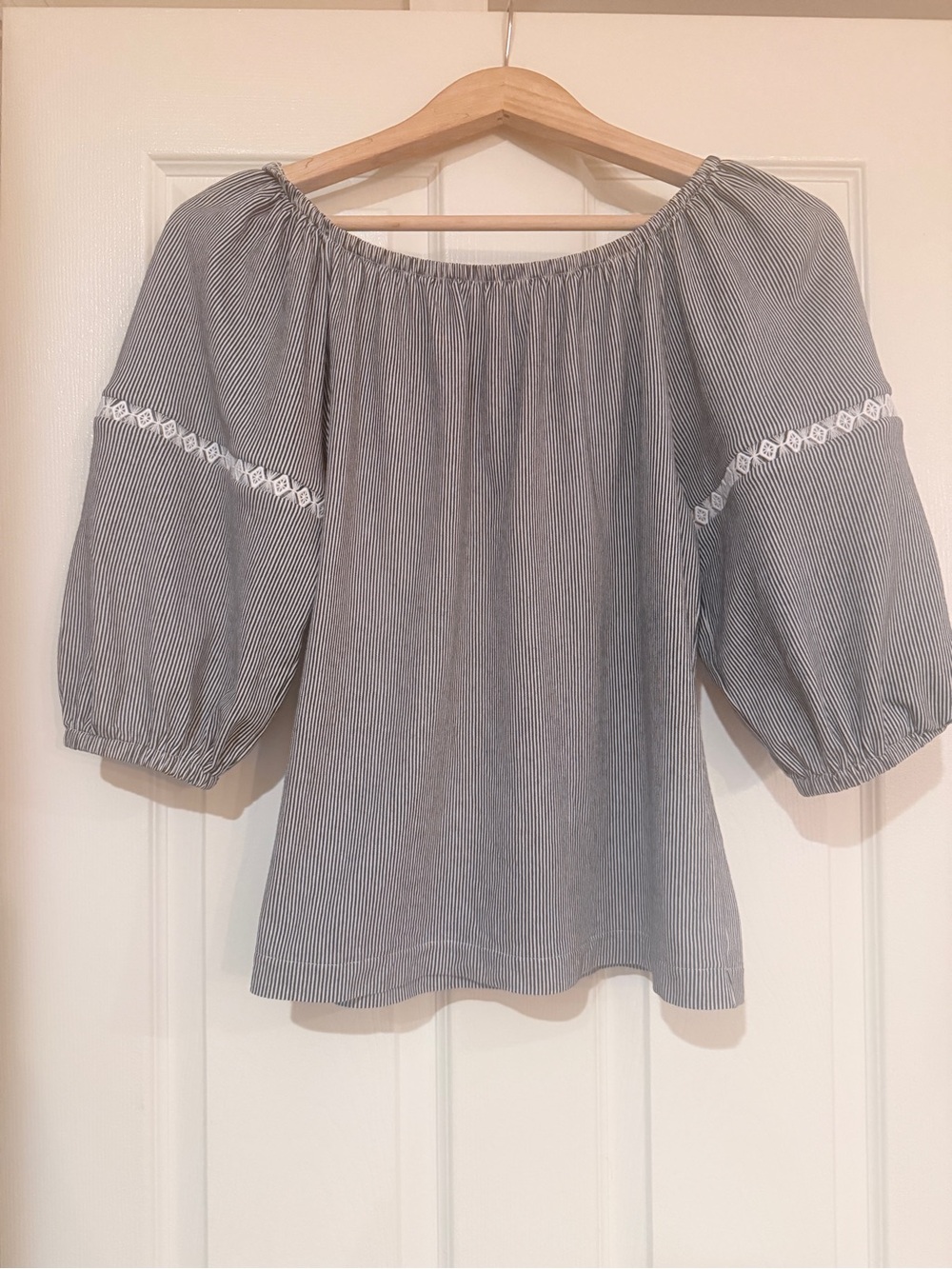 Ann Taylor Blue and White Striped Off-Shoulder Blouse